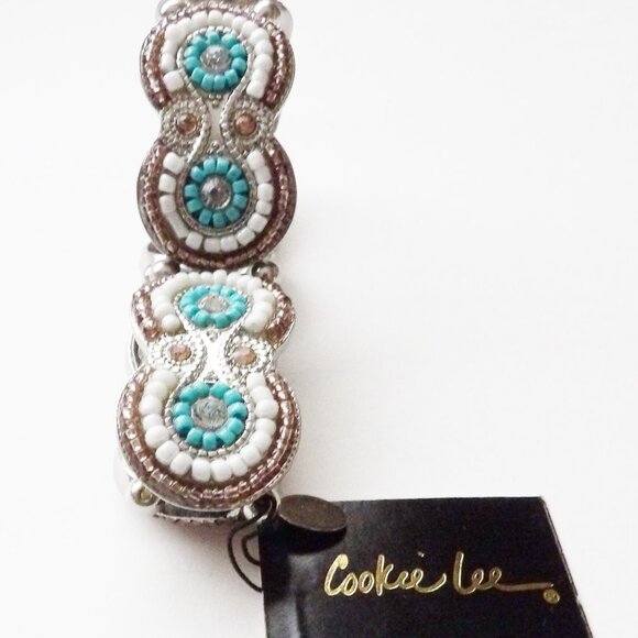 Cookie Lee NWT Crystal & Glass Bead Stretch Bracelet Silver Tone Southwest Look - Picture 6 of 8